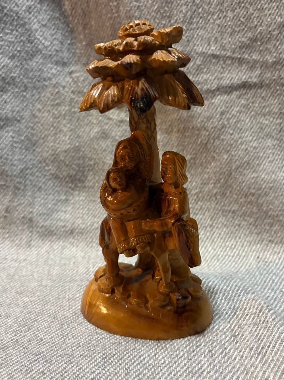 Hand Carved Wood Holy Family Palm Tree Donkey Figurine 6.5” Religious Nativity